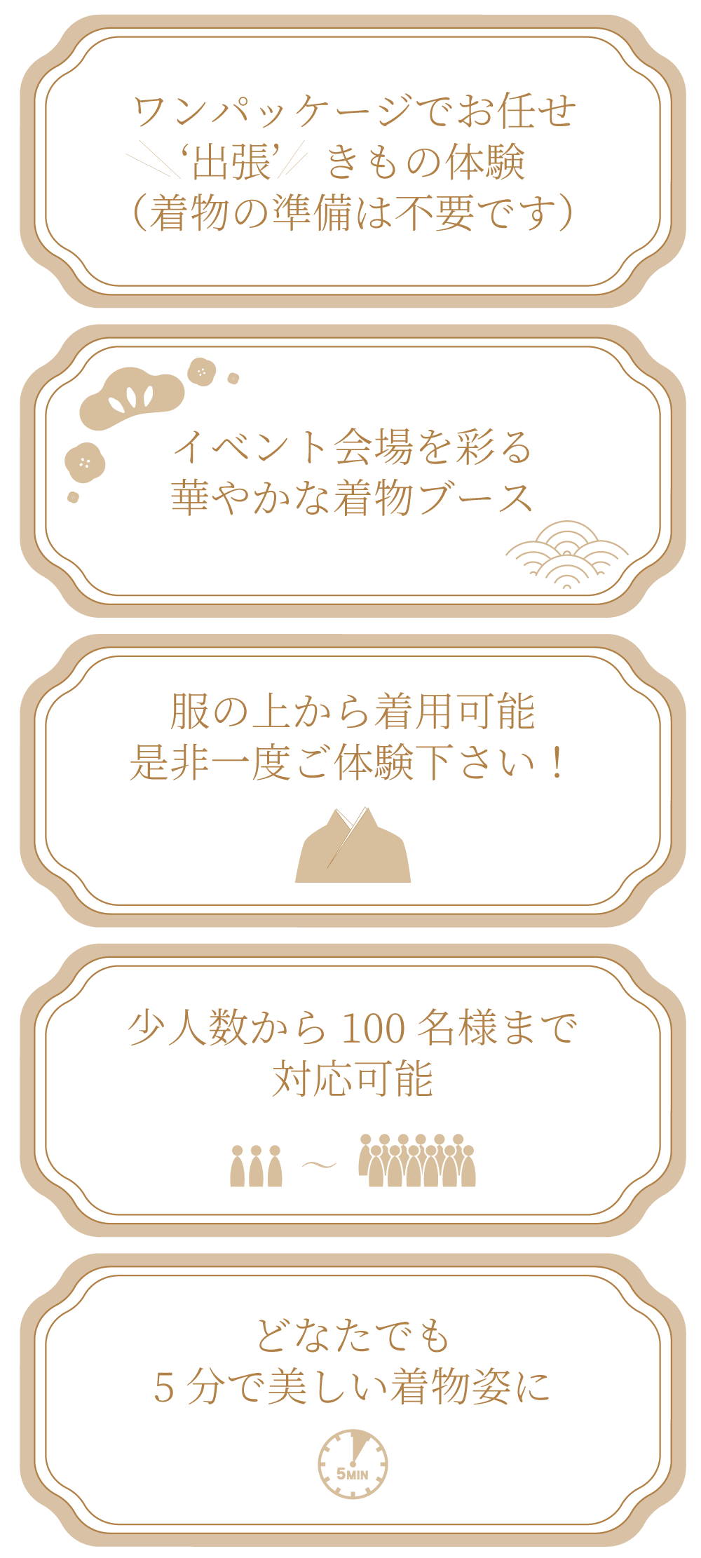 ワンパッケージでお任せ'出張'きもの体験(着物の準備は不要です)。
							イベント会場を彩る華やかな着物ブース
							服の上から着用可能。是非一度ご体験ください!少人数から100名まで対応可能。どなたでも5分で美しい着物姿に